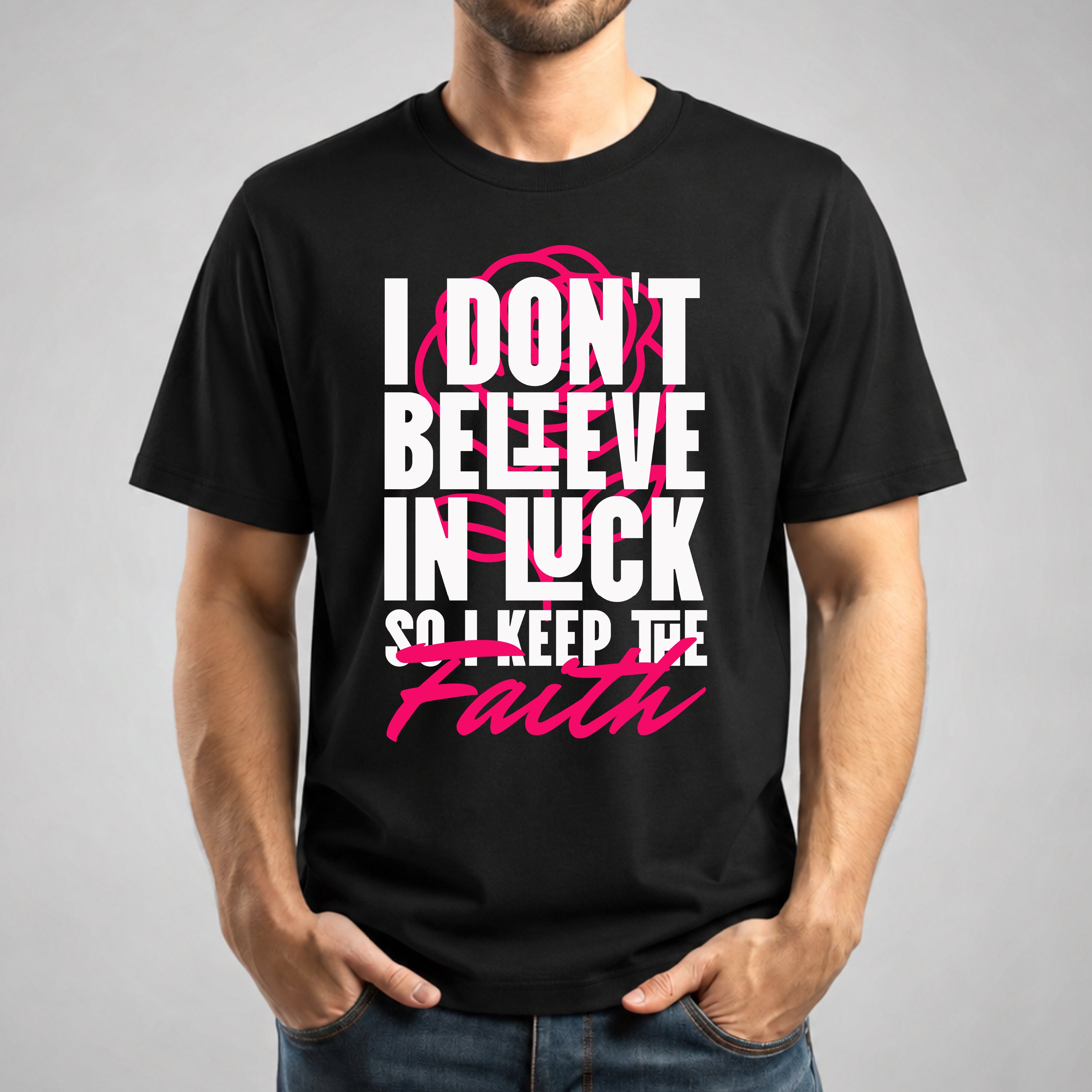 T-shirt streetwear nera No Luck, Just Faith indossata fronte