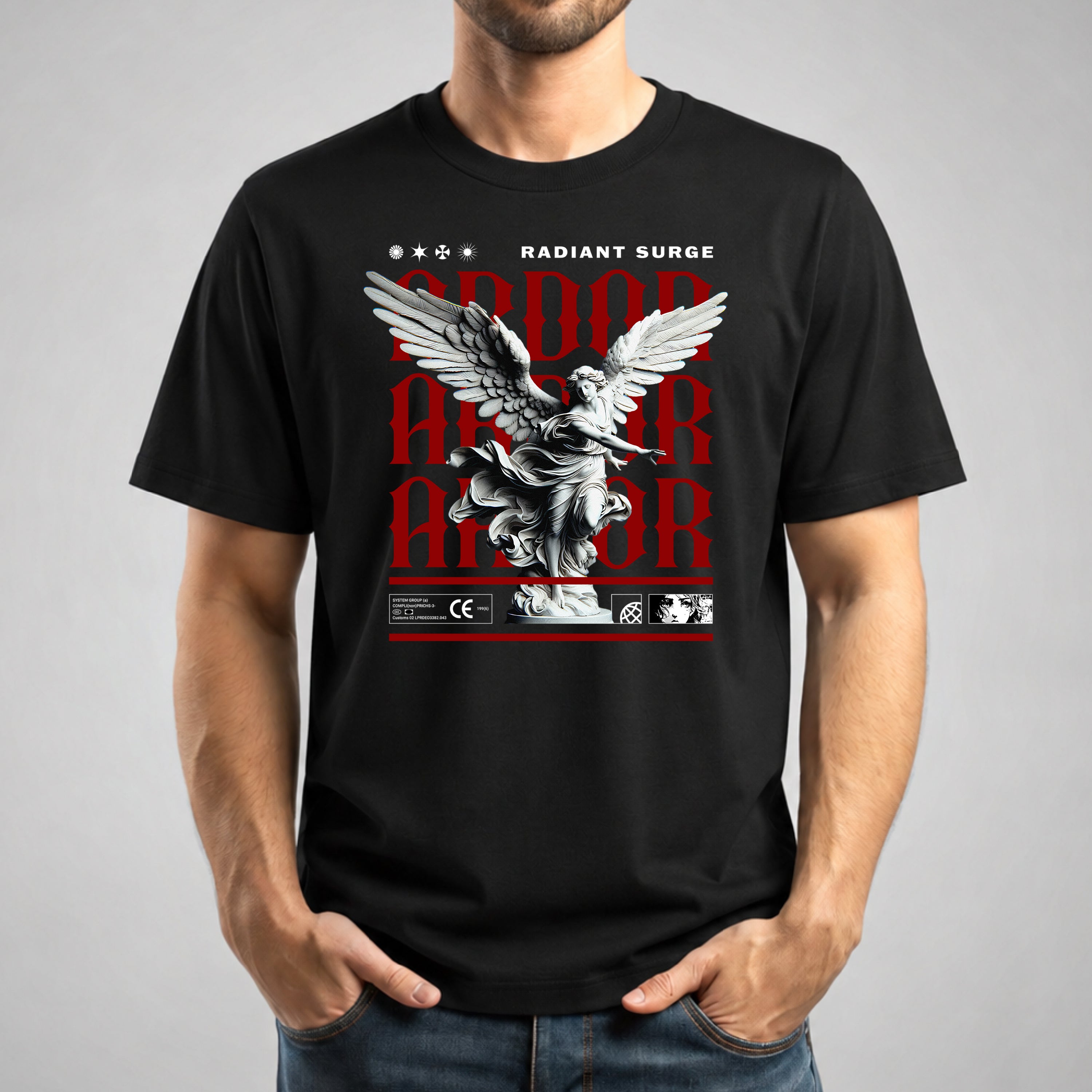 T-shirt streetwear nera Radiant Surge indossata fronte