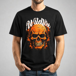 T-shirt streetwear nera Wildfire Skull indossata fronte